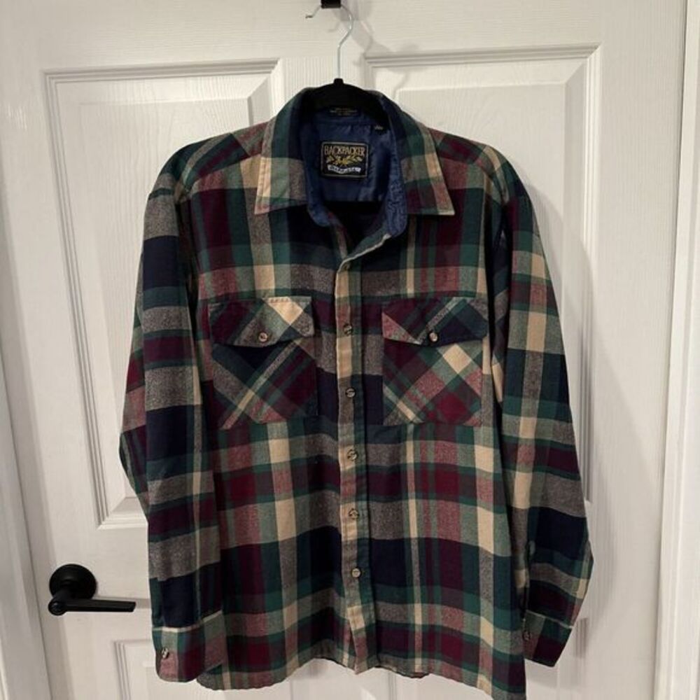 VTG ‎ Backpacker Outdoors Men L 16-16.5 Plaid Flannel Shirt Long Sleeves Shacket